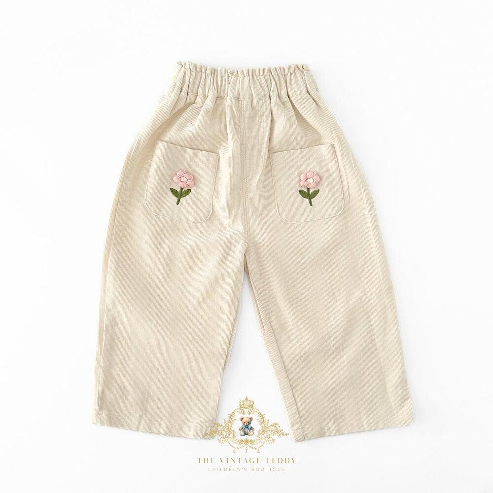 NWT Cute Girls Corduroy Pants Sweet Embroidery Flower Elastic Waist Cream 18-24M